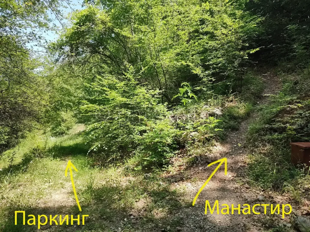 Пътеката към манастира и тази към паркинга при параклис Вси Светии от аязмото под Руенския манастир