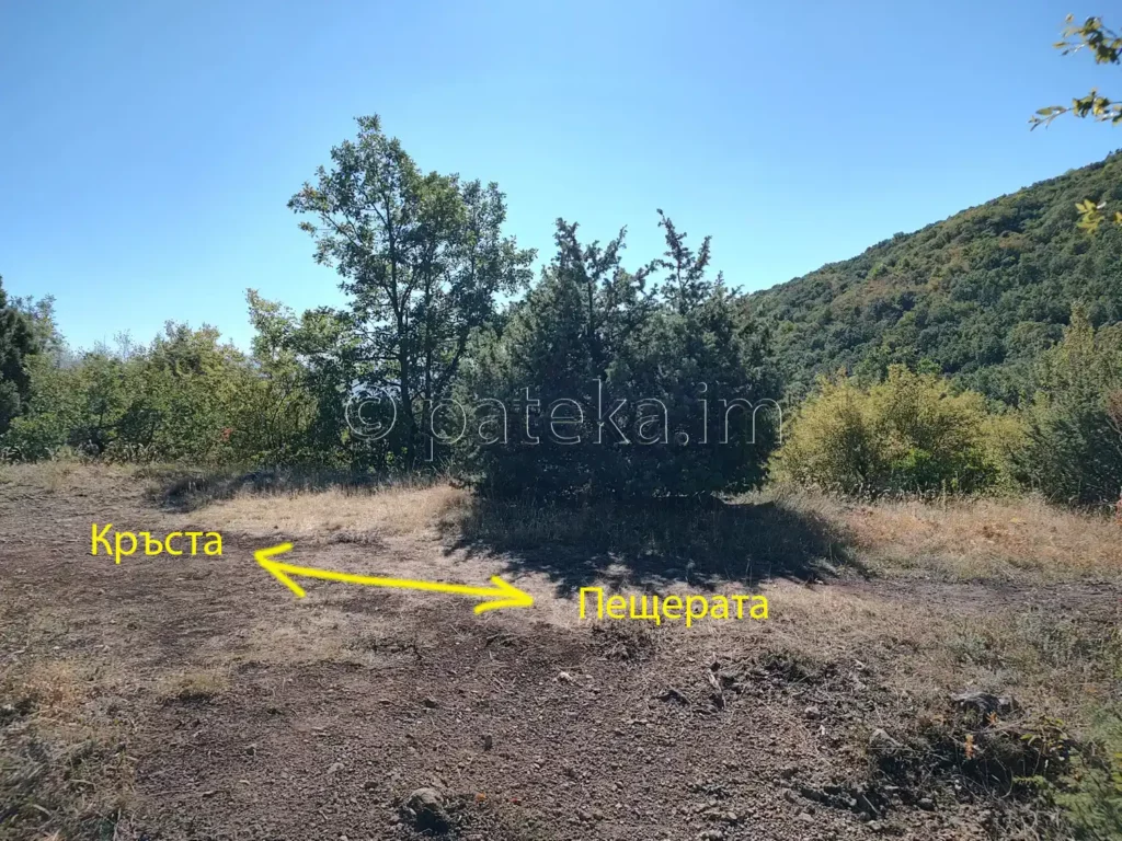 Разклонът над Руенския манастир - вляво за кръста, вдясно за пещерата