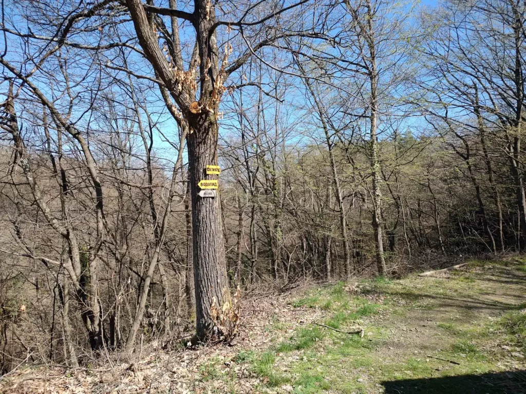 Указателни табелки за посоката на водопад Св. Богородица, аязмото и кръста над Новаково